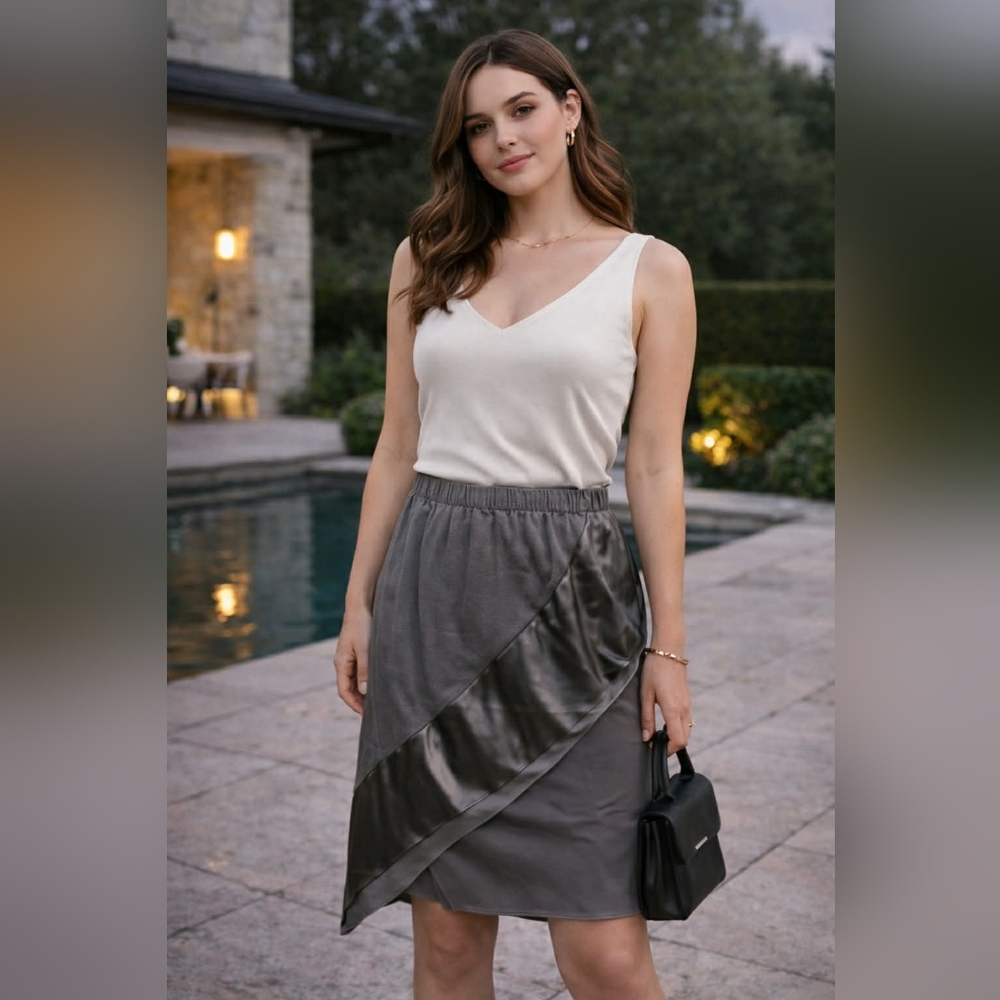 Pure DKNY Silk & Lamb Leather Asymmetrical Skirt Small‎ Gray Minimalist Luxe NEW